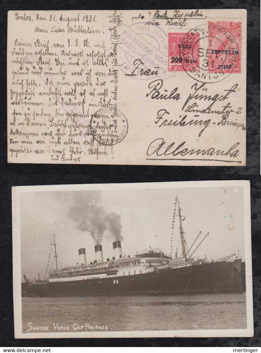 Brazil Brasil 1931 Zeppelin Postcard Sieger 125A SANTOS To FREIBURG Germany Vapor Cap Polonio - Airmail (Private Companies)