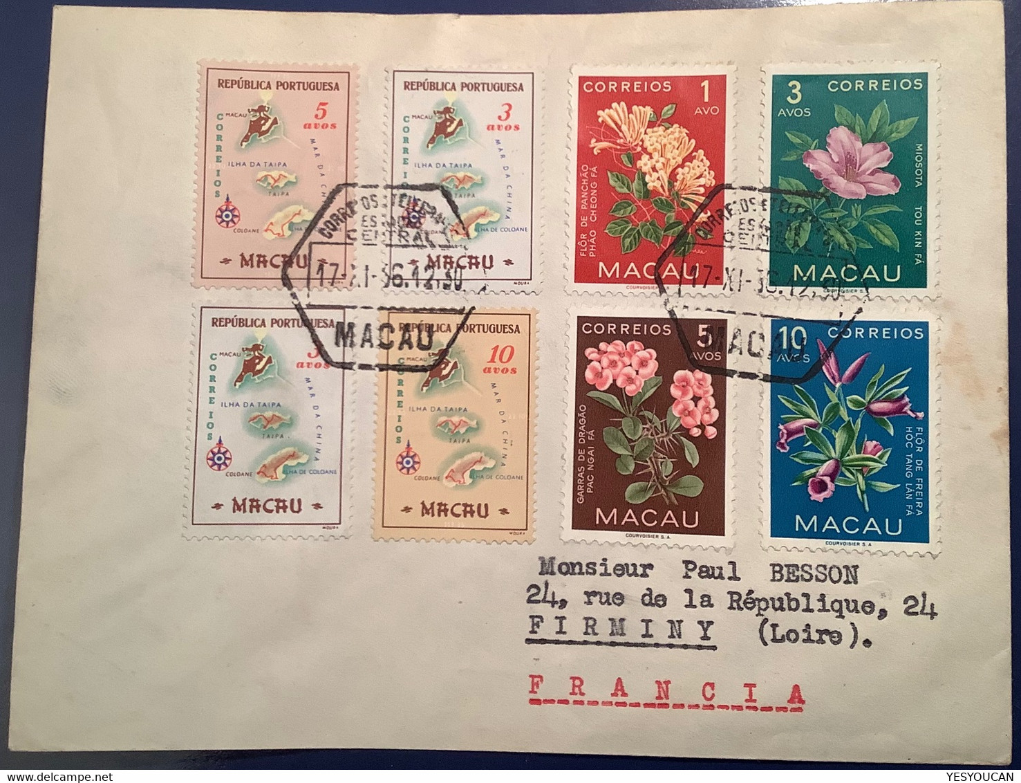 Macao 1956 Map Islands Of Macau + 1953 Flowers On 1956 Cover To France (Portuguese Colonies Portugal China Lettre Chine - Covers & Documents