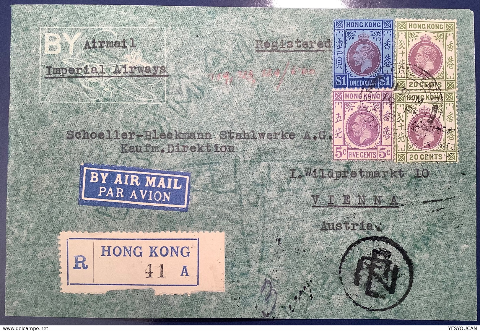 “REGISTERED HONG KONG 1938” Via IMPERIAL AIRWAYS ATHENS Air Mail KGV Cover>Wien B/s(Flugpost Brief Österreich Greece - Briefe U. Dokumente