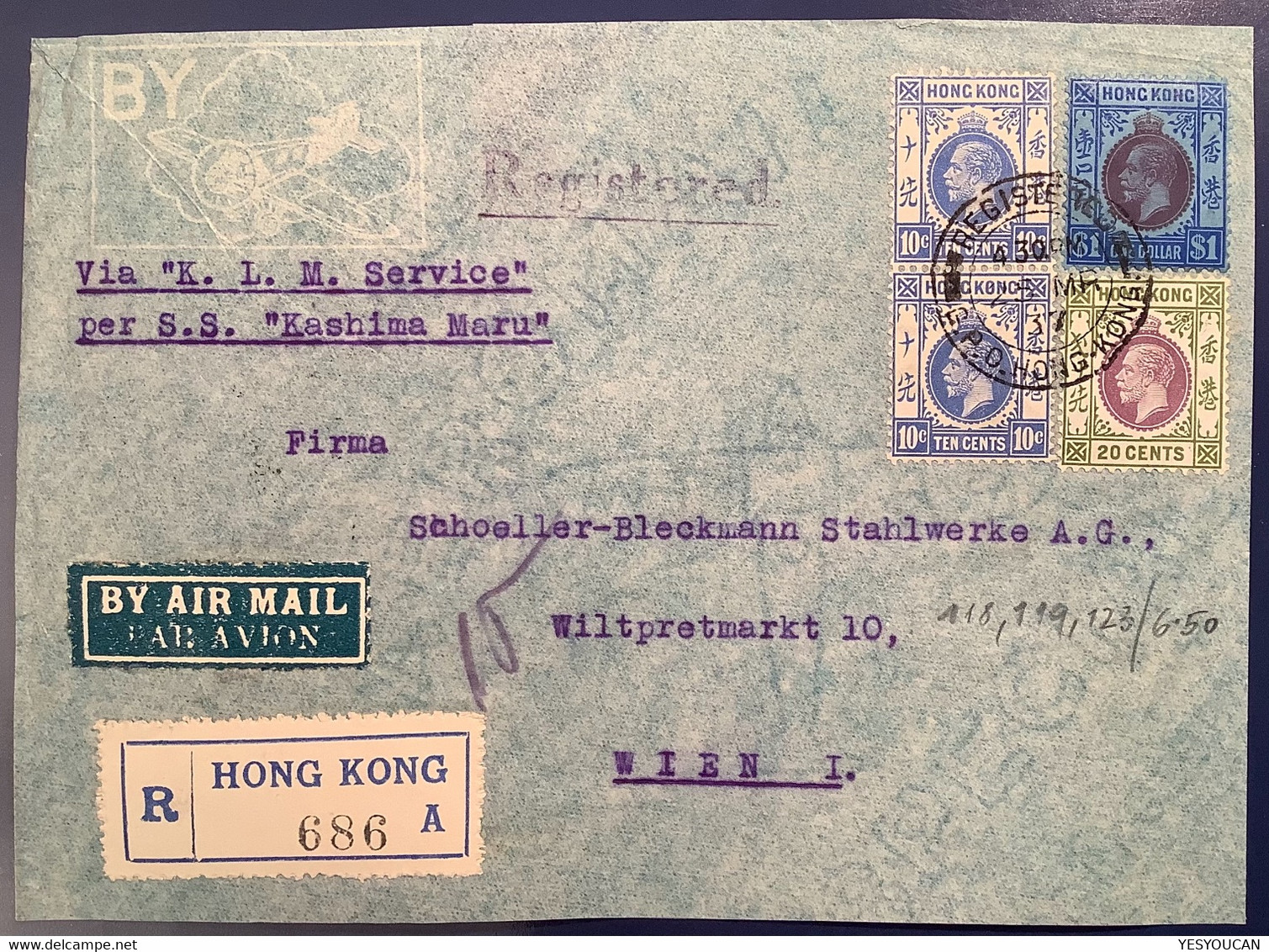 “REGISTERED HONG KONG 1937” Via S.S KASHIMA MARU + K.L.M Air Mail KGV Cover>Wien(Flugpost Brief Österreich - Covers & Documents