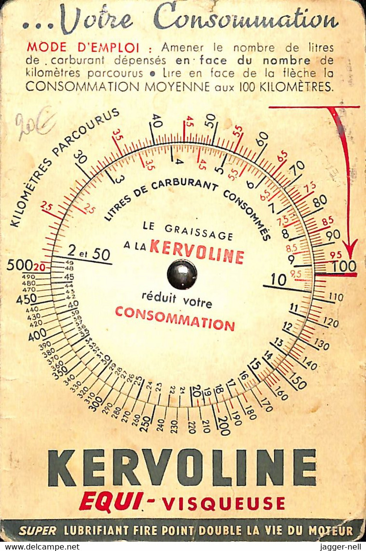 COL ADD-6 - Plaquette Carton KERVOLINE - Super Lubrifiant Indicateur Immatriculation Consommation Moyenne Aux 100km - Pappschilder