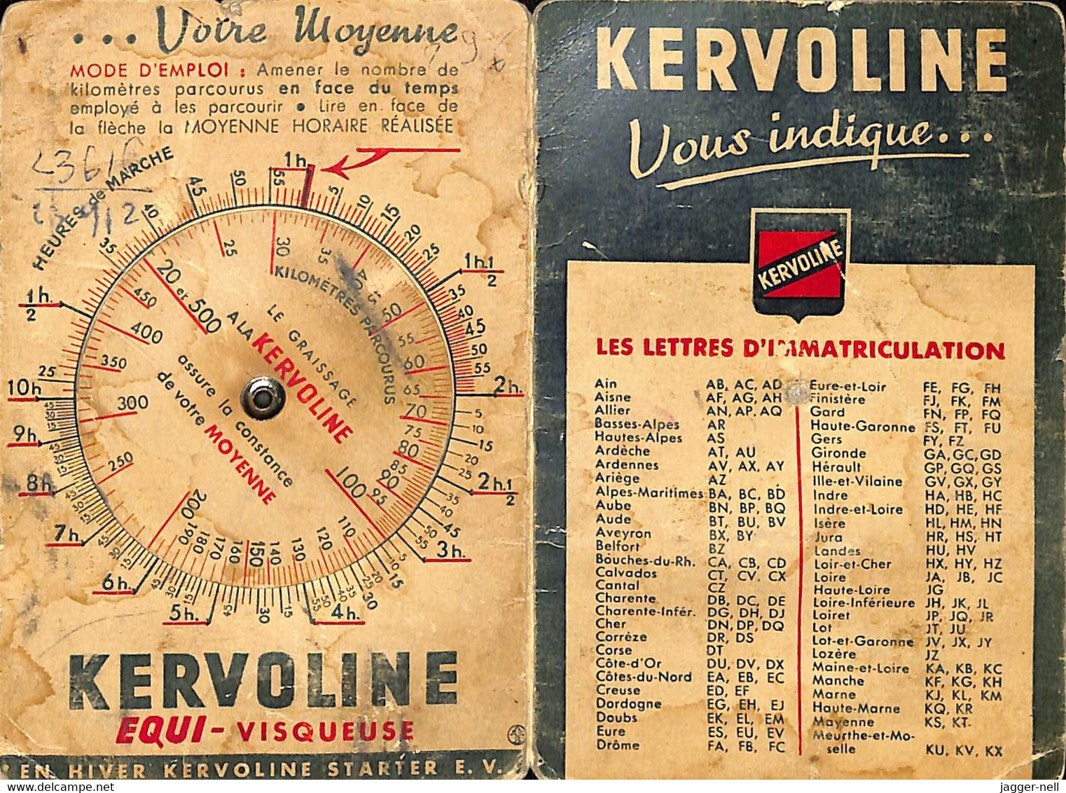 COL ADD-6 - Plaquette Carton KERVOLINE - Super Lubrifiant Indicateur Immatriculation Consommation Moyenne Aux 100km - Paperboard Signs