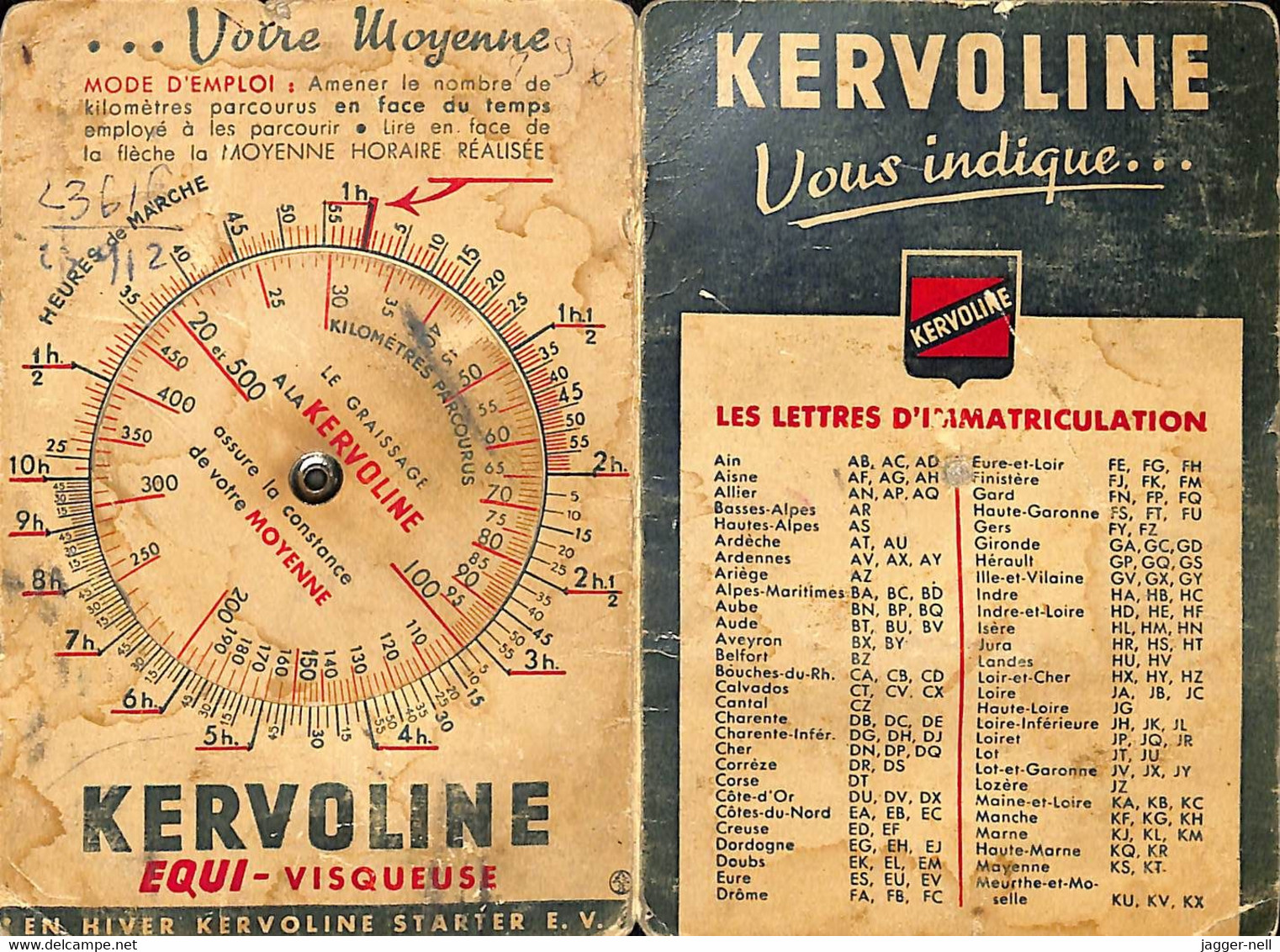 COL ADD-6 - Plaquette Carton KERVOLINE - Super Lubrifiant Indicateur Immatriculation Consommation Moyenne Aux 100km - Pappschilder