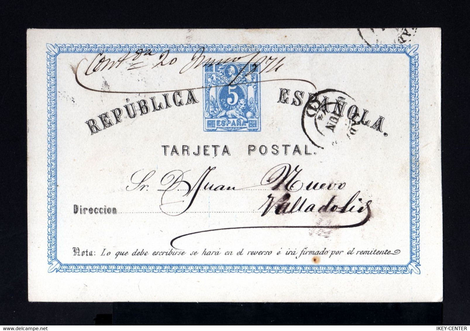 1717-ESPAÑA-SPAIN.OLD POSTCARD CADIZ To VALLADOLID.1874.Tarjeta Postal 1ª REPUBLICA.carte Postale.POSTKARTE - Briefe U. Dokumente