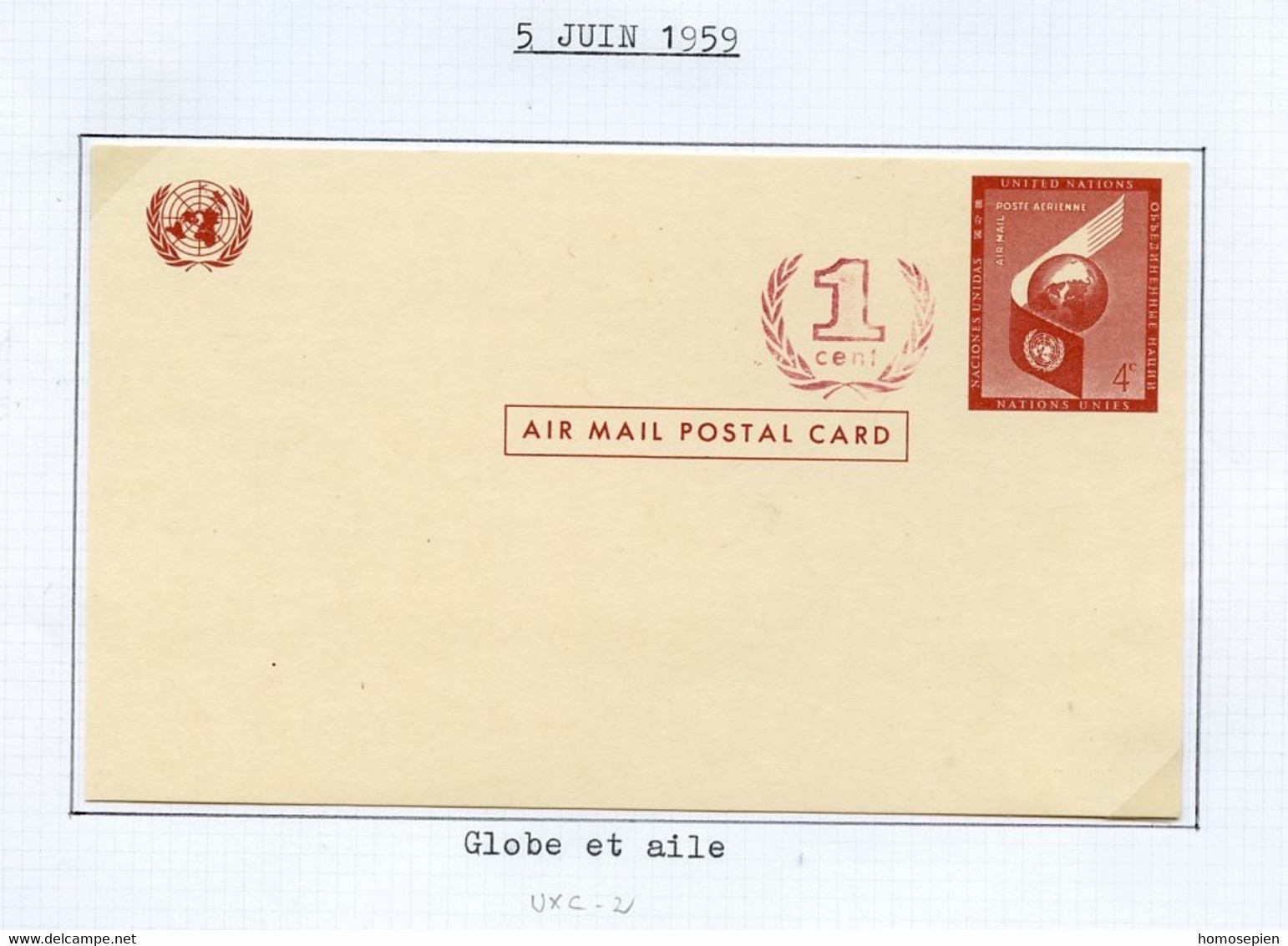 NU New York - Vereinte Nationen Entier Postal 1957 Y&T N°EPPA1957-01a - Michel N°GZSF1957-01a *** - 4c Aile Et Globe - Briefe U. Dokumente