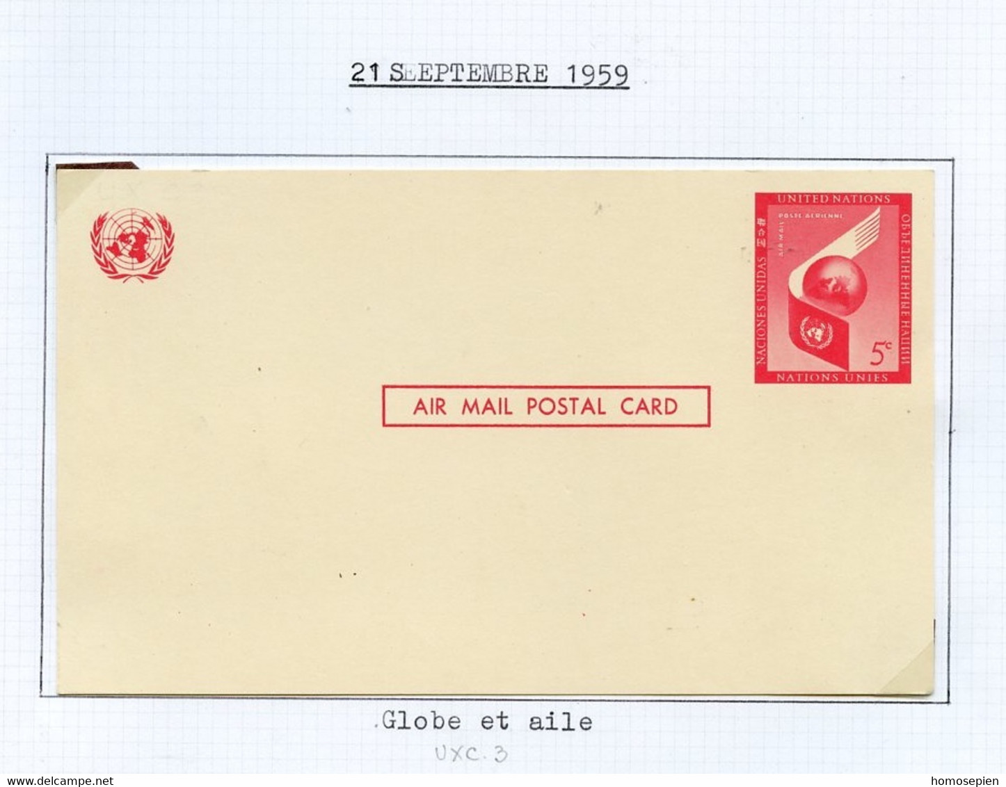 NU New York - Vereinte Nationen Entier Postal 1959 Y&T N°EPPA1959-01 - Michel N°GZSF1959-01 *** - 5c Aile Et Globe - Lettres & Documents