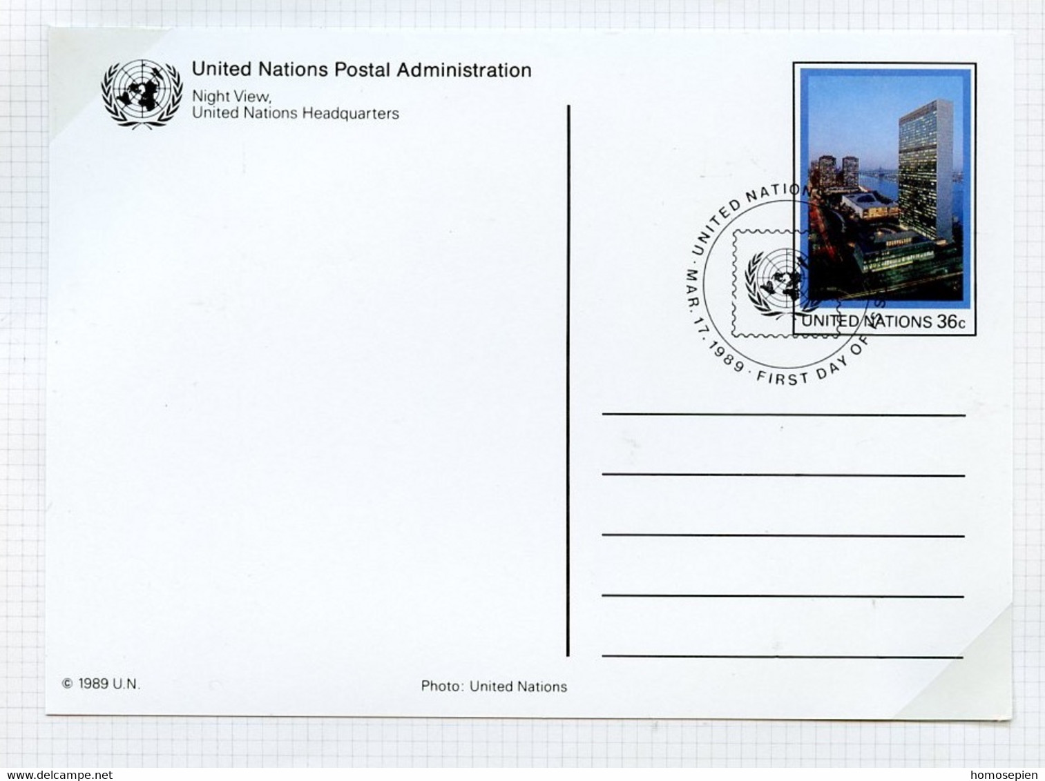 NU New York - Vereinte Nationen Entier Postal 1989 Y&T N°EP1989-09 - Michel N°GZS1989-09 (o) - 15c L'ONU La Nuit - Covers & Documents