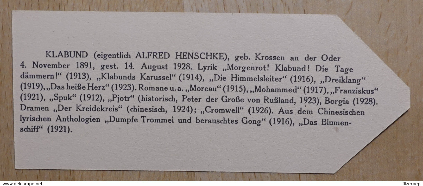 Klabund Alfred Henschke Krossen An Der Oder - 99 - Olleschau Lesezeichen Bookmark Signet Marque Page Portrait - Bladwijzers