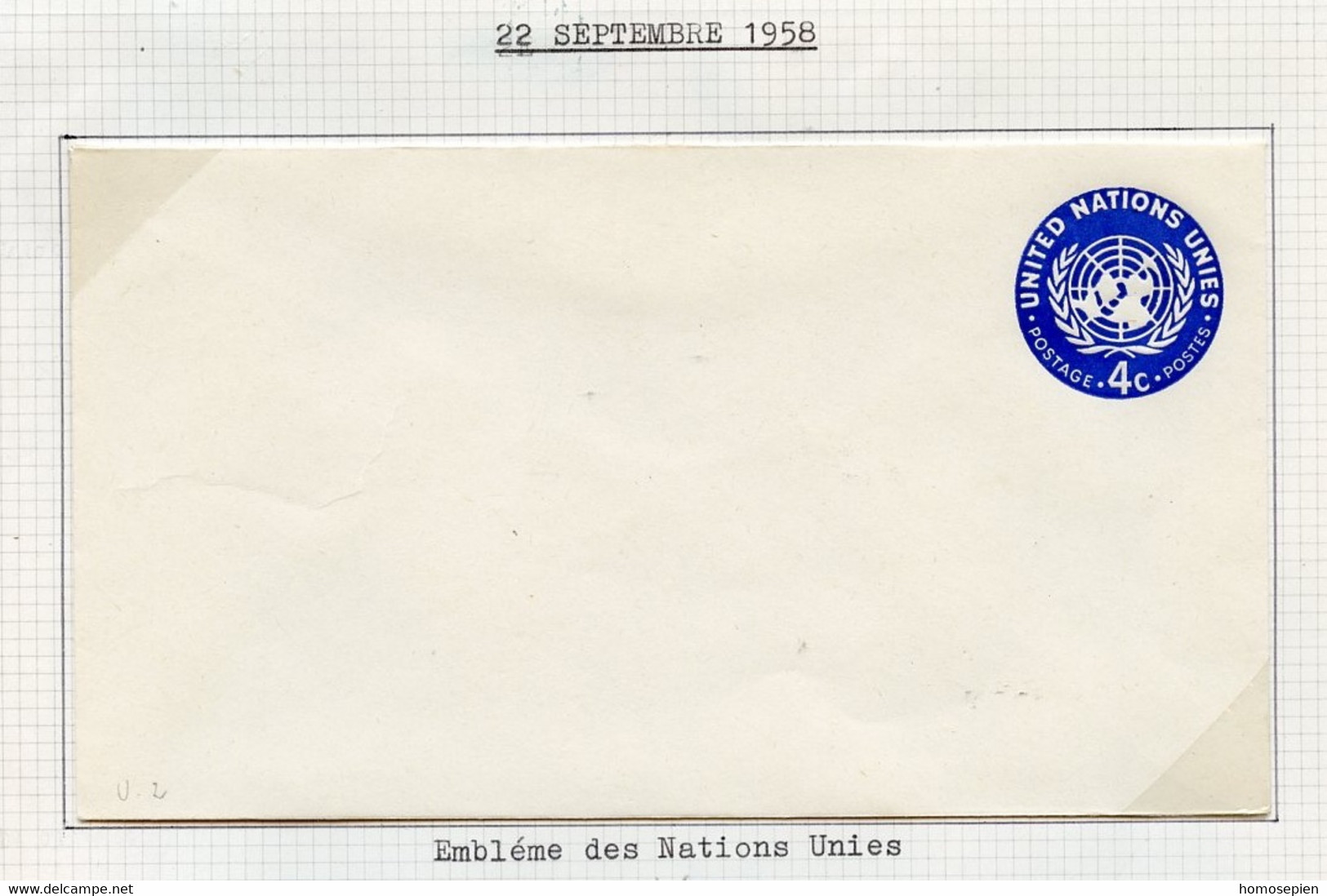 NU New York - Vereinte Nationen Entier Postal 1958 Y&T N°PAP1958-02 - Michel N°GZS1958-02 *** - 4c Emblème De L'ONU - Covers & Documents