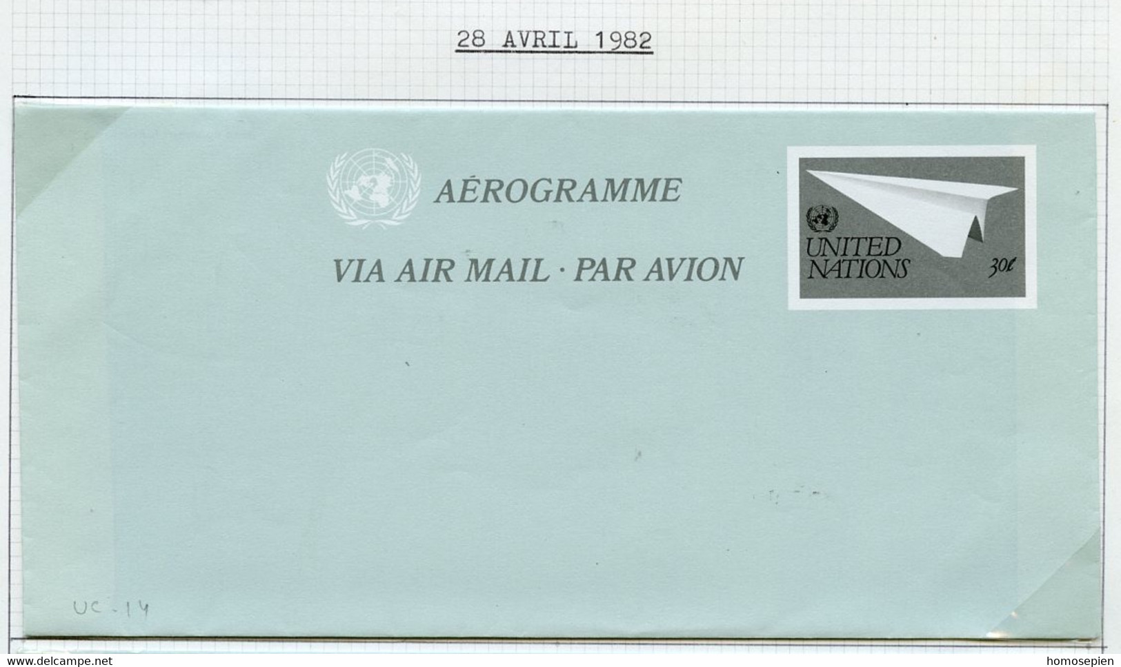 NU New York - Vereinte Nationen Aérogramme 1982 Y&T N°AE1982-01 - Michel N°LL1982-01 *** - 30c Avion En Papier - Brieven En Documenten