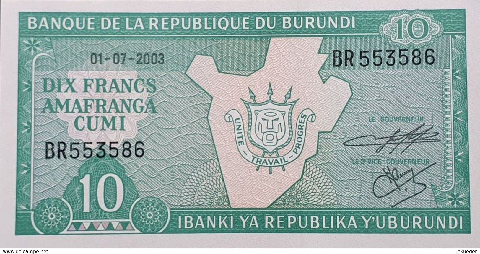 Banknotes UNC - SC Billete Banco BURUNDI - 10 Francs, 2003 Sin Cursar - Burundi