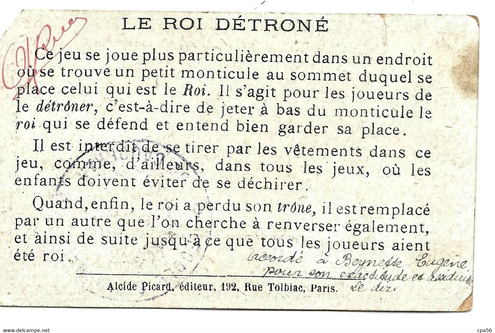 Thème école - Jeu Scolaire - Le ROI DÉTRONÉ - Chromo Ancien - Ecoles