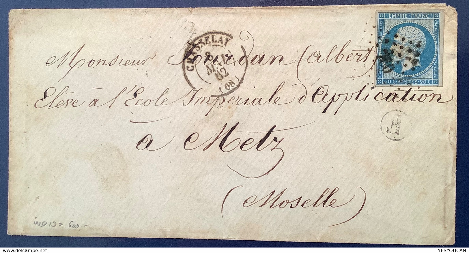 PC 760 + CHASSELAY 1862 (68 Rhone) RARE BOITE RURALE “F” Lettre Yv 14 TTB  Pour Metz (France - 1849-1876: Période Classique