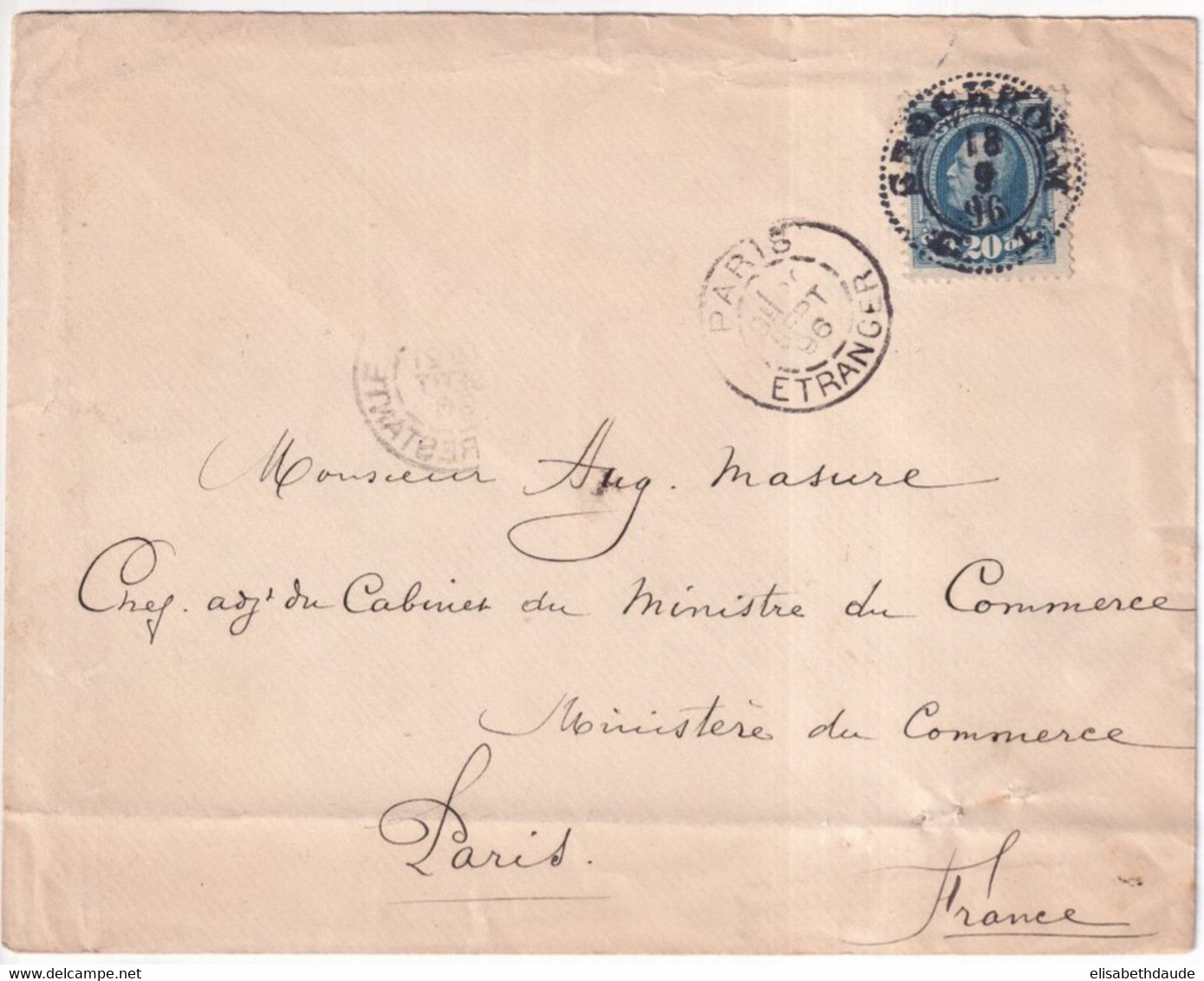 1896 - SUEDE - ENVELOPPE ILLUSTREE Du GRAND HOTEL De STOCKHOLM => MINISTRE DU COMMERCE à PARIS - Lettres & Documents