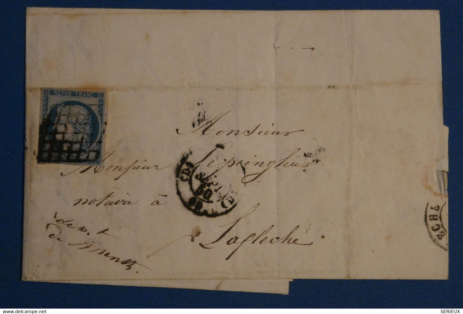 AL12 FRANCE  BELLE  LETTRE  1850 ++++++PARIS  POUR LAFLECHE + CERES N°4  +AFFRANCH. INTERESSANT - 1849-1850 Cérès