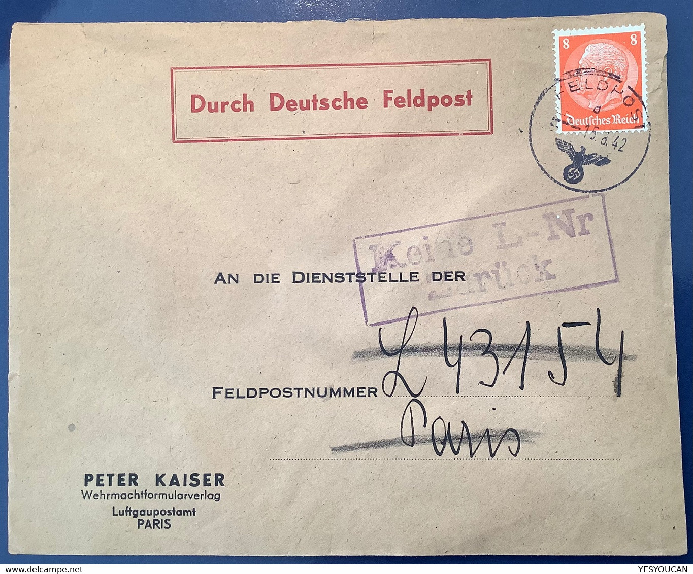 PARIS LUFTGAUPOSTAMT  "FELDPOST 1942"Deutsches Reich Brief(France WW2 War Cover Lettre Guerre Occupation 1939-1945 2.WK - Guerre De 1939-45