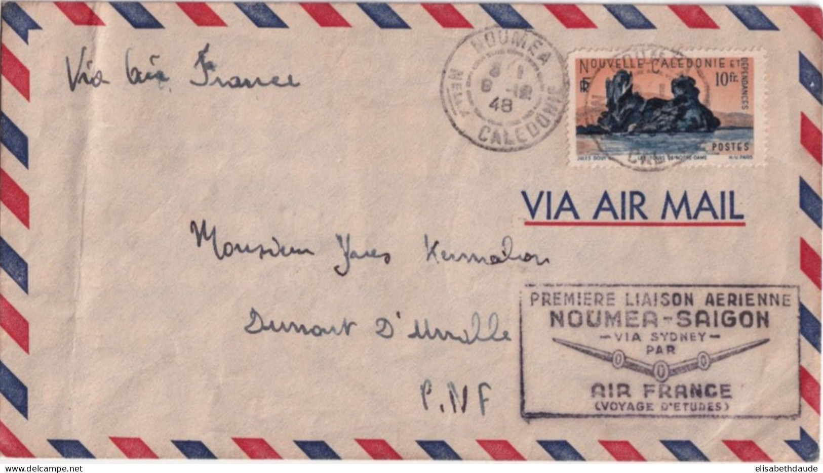 1948 - CALEDONIE - ENV. VOYAGE ETUDES AIR FRANCE De NOUMEA => AVISO DUMONT D'URVILLE (POSTE NAVALE FRANCAISE) à SAÏGON - Cartas & Documentos