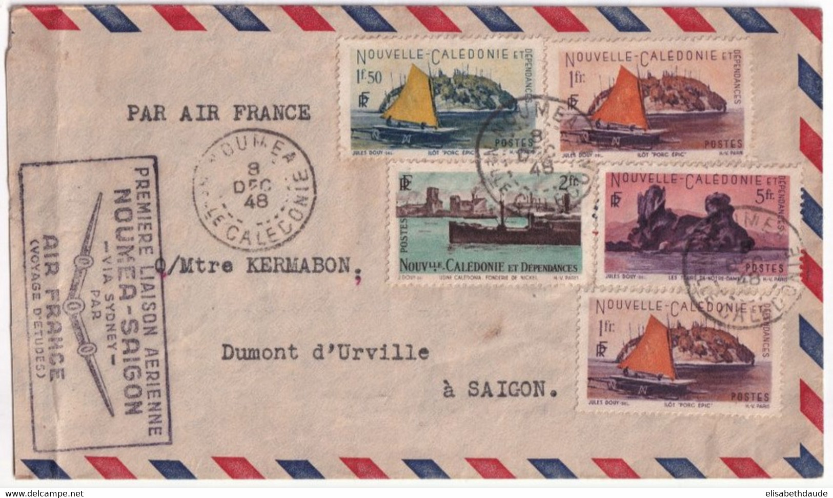 1948 - ENV. VOYAGE ETUDES AIR FRANCE De UNITE MARINE NOUMEA => AVISO DUMONT D'URVILLE (POSTE NAVALE FRANCAISE) à SAÏGON - Vietnamkrieg/Indochinakrieg