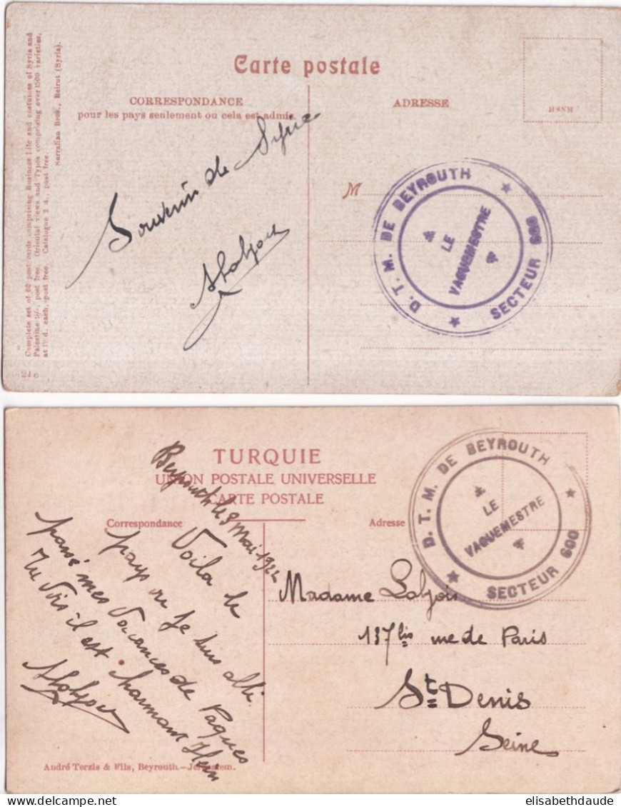 1922 - LIBAN / SECTEUR 600 à BEYROUTH - 2 CACHETS COULEURS DIFFERENTES Sur 2 CARTES => PARIS - Military Postmarks From 1900 (out Of Wars Periods)