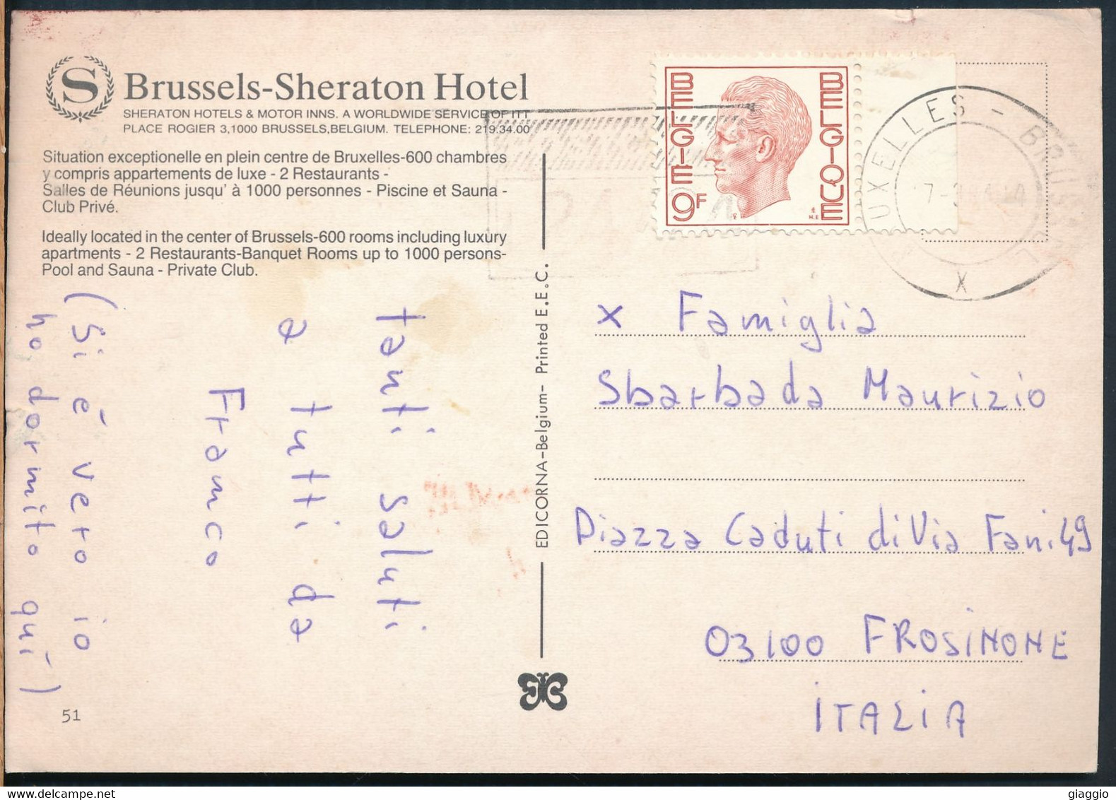 °°° 29779 - BELGIUM - BRUSSELS SHERATON HOTEL - 1984 With Stamps °°° - Cafés, Hôtels, Restaurants