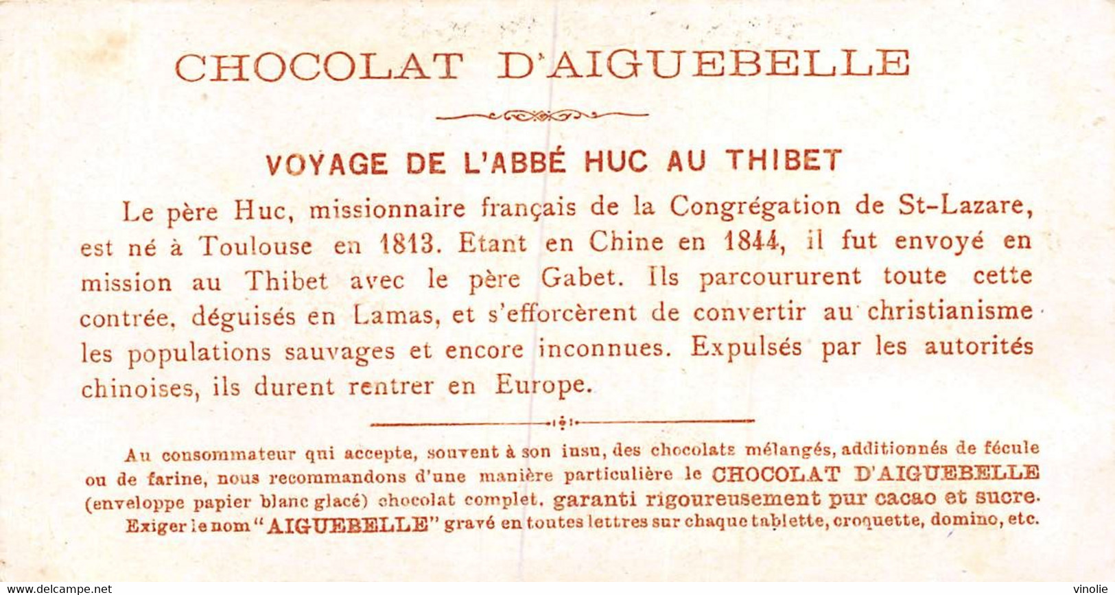 22-003 : IMAGE DU CHOCOLAT D'AIGUEBELLE. VOYAGE DE L'ABBE HUC AU THIBET - Tibet