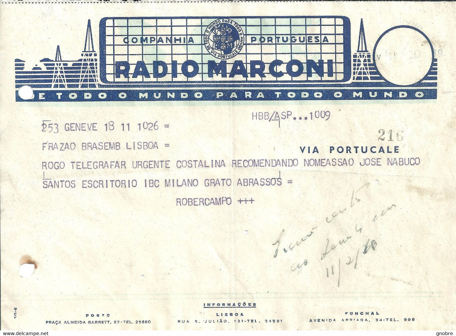 PORTUGAL TELEGRAM RADIO MARCONI VIA PORTUCALE - Lettres & Documents