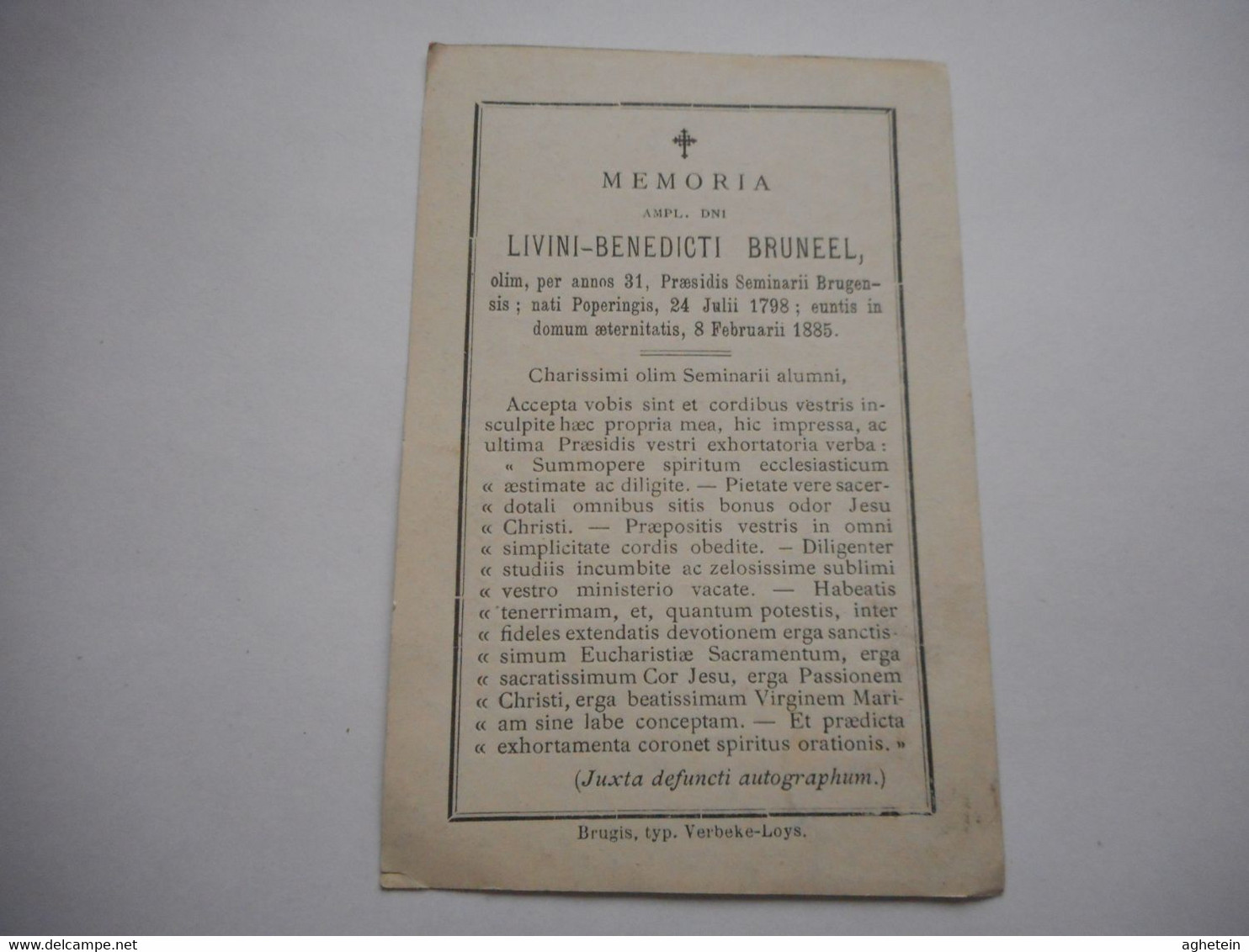 D.P.-AMPL.BNI-LIVINI-BENEDICTI BRUNEEL°POPERINGE 24-7-1798+8-2-1885 TEKST IN HET LATYN - Religión & Esoterismo