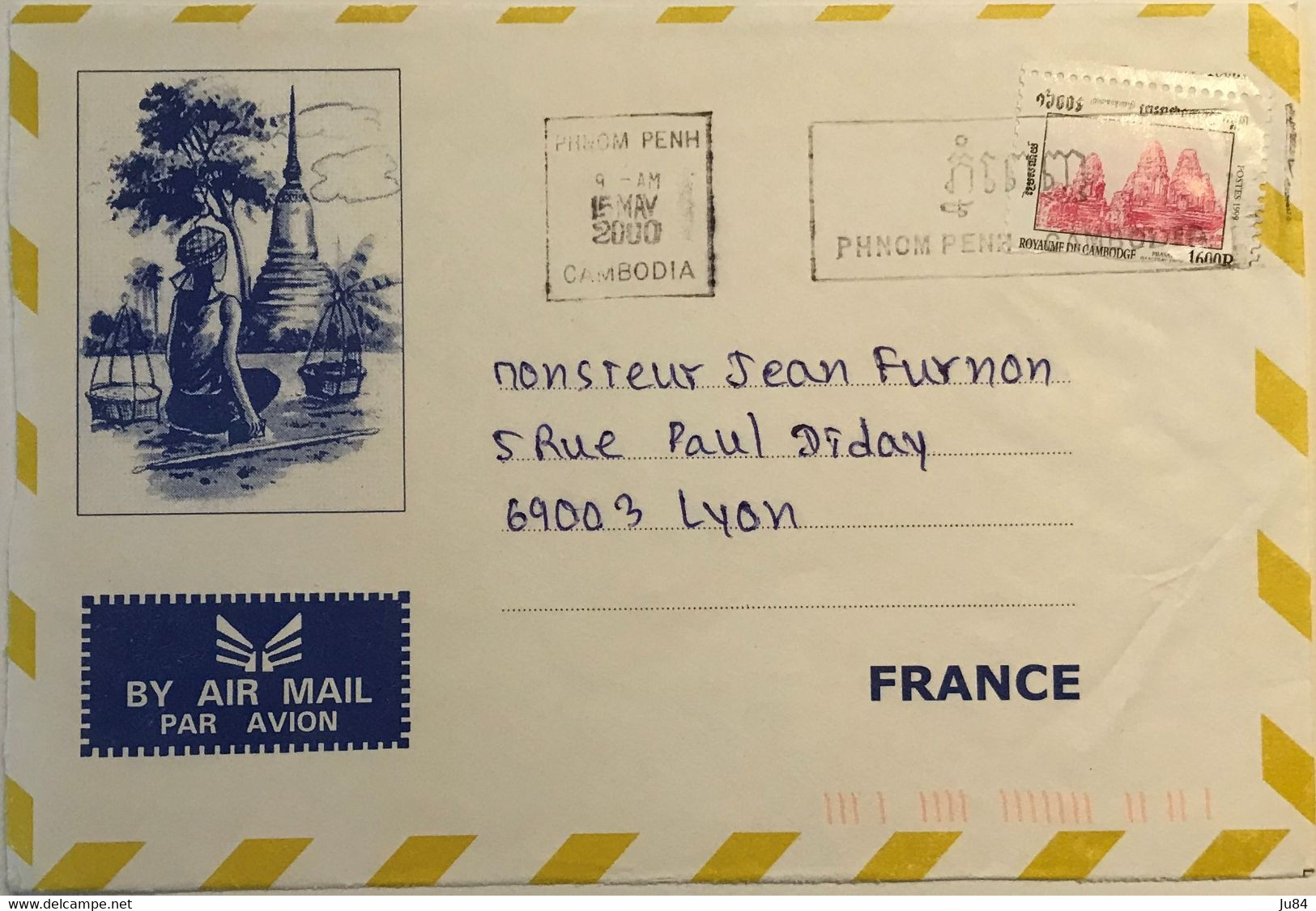 Cambodge - Phno Penh - Devant De Lettre Avion Pour Lyon (France) - 15 Mai 2000 - Cambodge