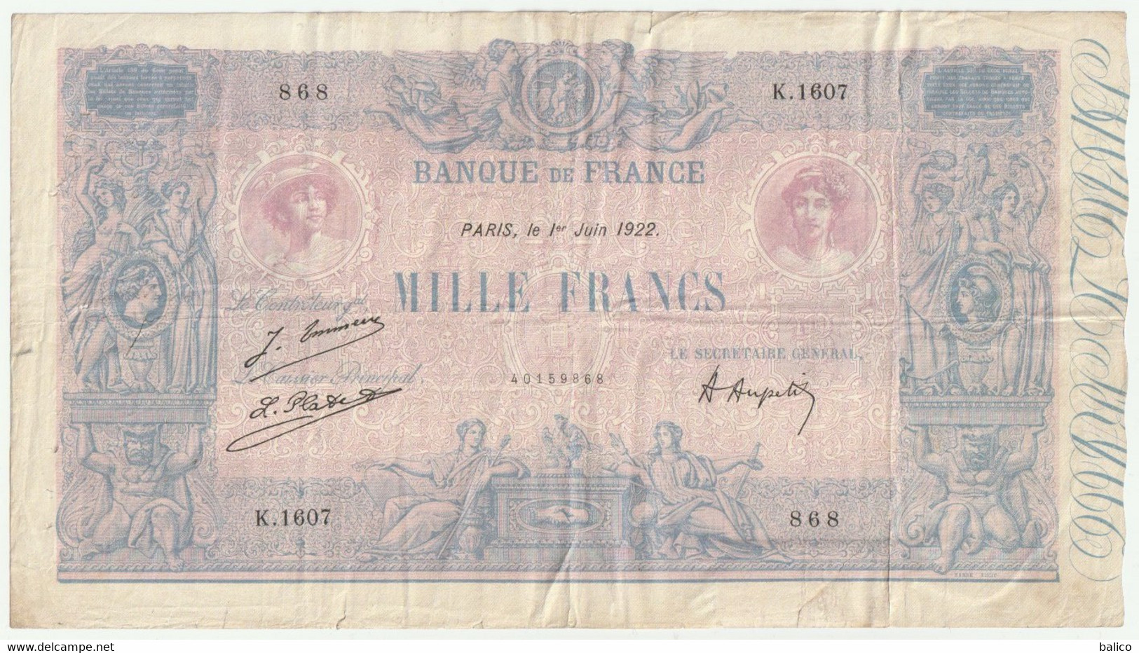 France, 1000 Francs, ''Bleu Et Rose'', 1 Juin 1922 - K.1607 - 1 000 F 1889-1926 ''Bleu Et Rose''