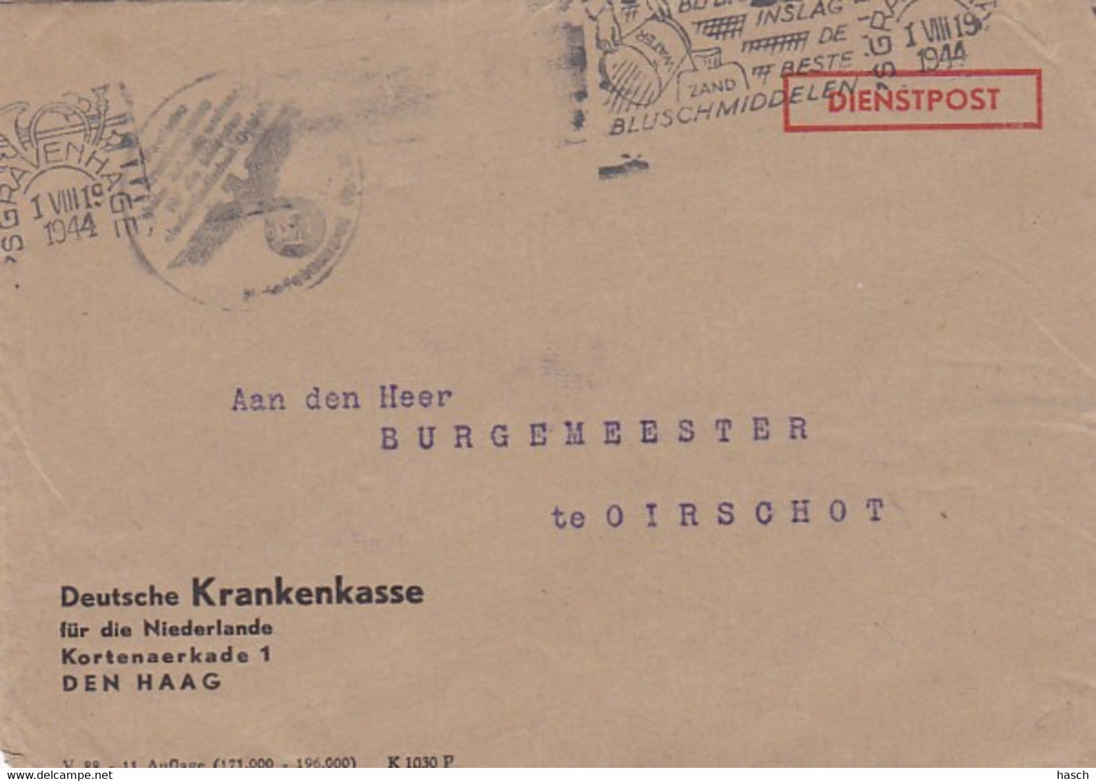 4813 71  Enveloppe Deutsche Krankenkasse Fúr Die Niederlande Naar Burgemeester Oischot/ 1 VIII 1944 - Weltkrieg 1939-45