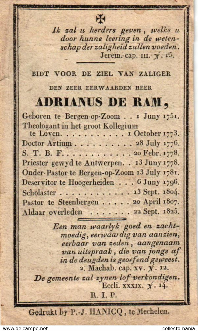 Eerwaarde Adrianus De Ram Bergen Op Zoom 1751 Pastor Steenbergen Overleden 1825  Illustr. F Huberti - Overlijden