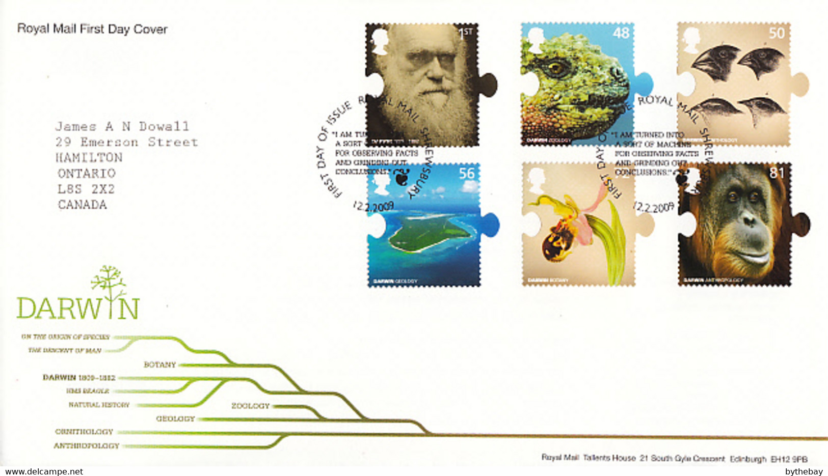 Great Britain 2009 FDC Sc #2627-#2632 Charles Darwin, Wildlife - 2001-2010 Dezimalausgaben