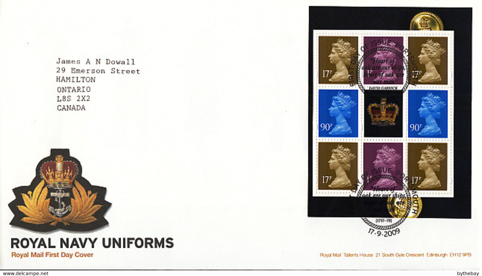 Great Britain 2009 FDC Sc #MH372Ac Pane Of 8 Machins, Label Crown Royal Navy Uniforms - 2001-2010 Dezimalausgaben