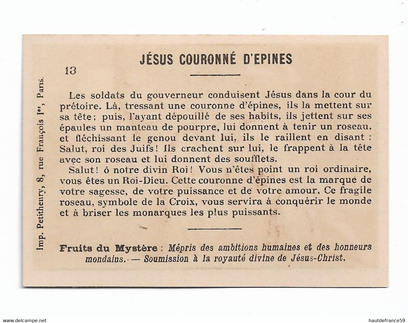 Imagerie Religieuse LE ROSAIRE Bonne Presse 13 Imp Petithenry JESUS LE COURONNEMENT D'EPINES - Religion & Esotérisme