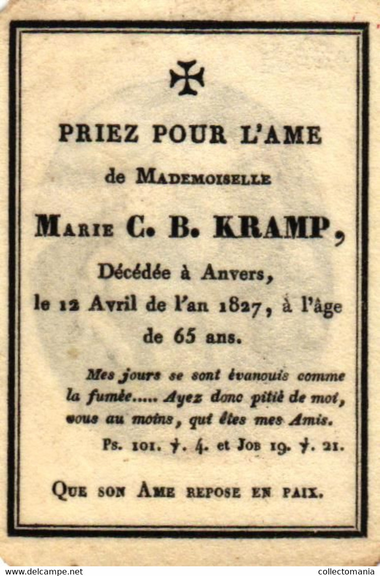 Mademoiselle Marie C.B.Kramp   Décédée Anvers 1827  Gravure - Avvisi Di Necrologio