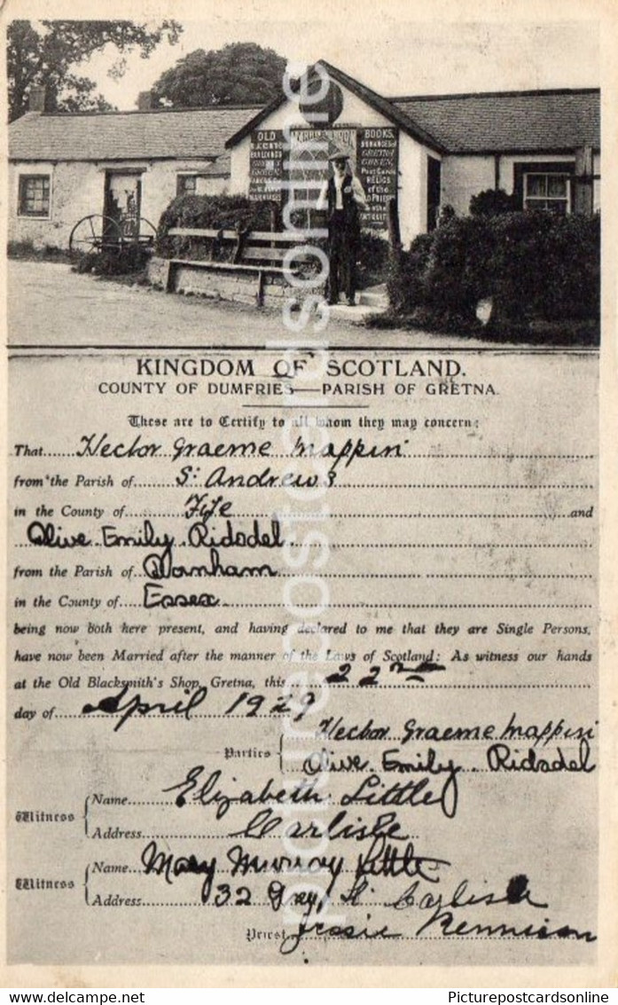 GRETNA GREEN MARRIAGE CERTIFICATE OLD B/W POSTCARD DUMFRIES MAPPIN  AND RIDSDEL 1929 SCOTLAND - Dumfriesshire