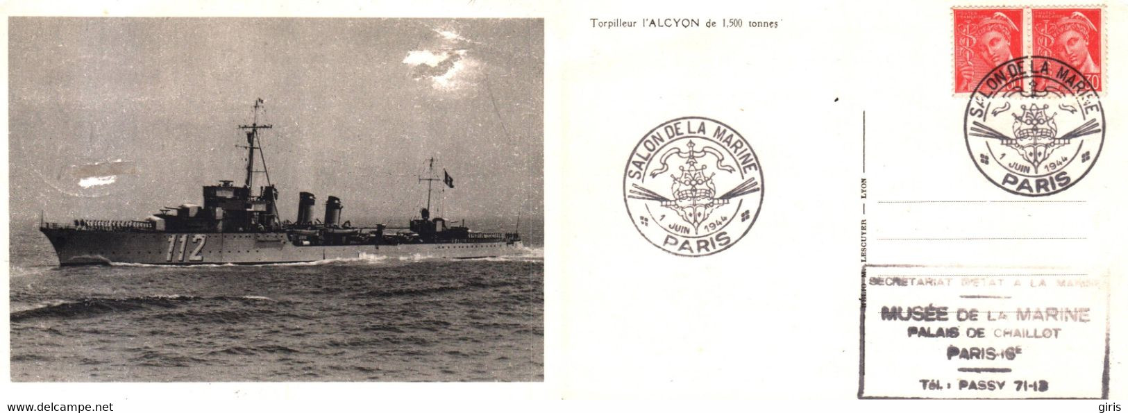 Cachet SALON DE LA MARINE 1 Juin 1944 - TORPILLEUR L'ALCYON Sur CP Abimées Sur Le Haut - Gedenkstempel