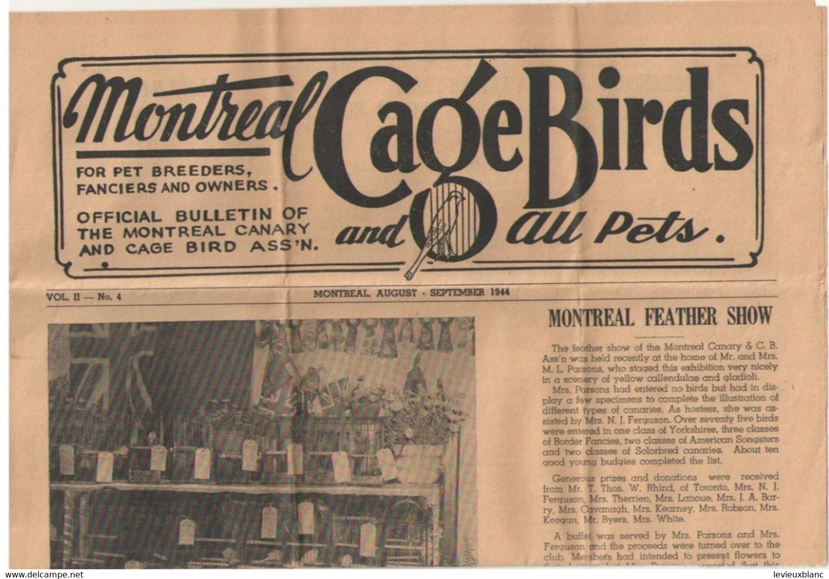 Montreal CAGE BIRDS And Au Pets/Official Bulletin/Montreal CANARY And CAGE BIRD Association/1944                  VPN373 - Animali