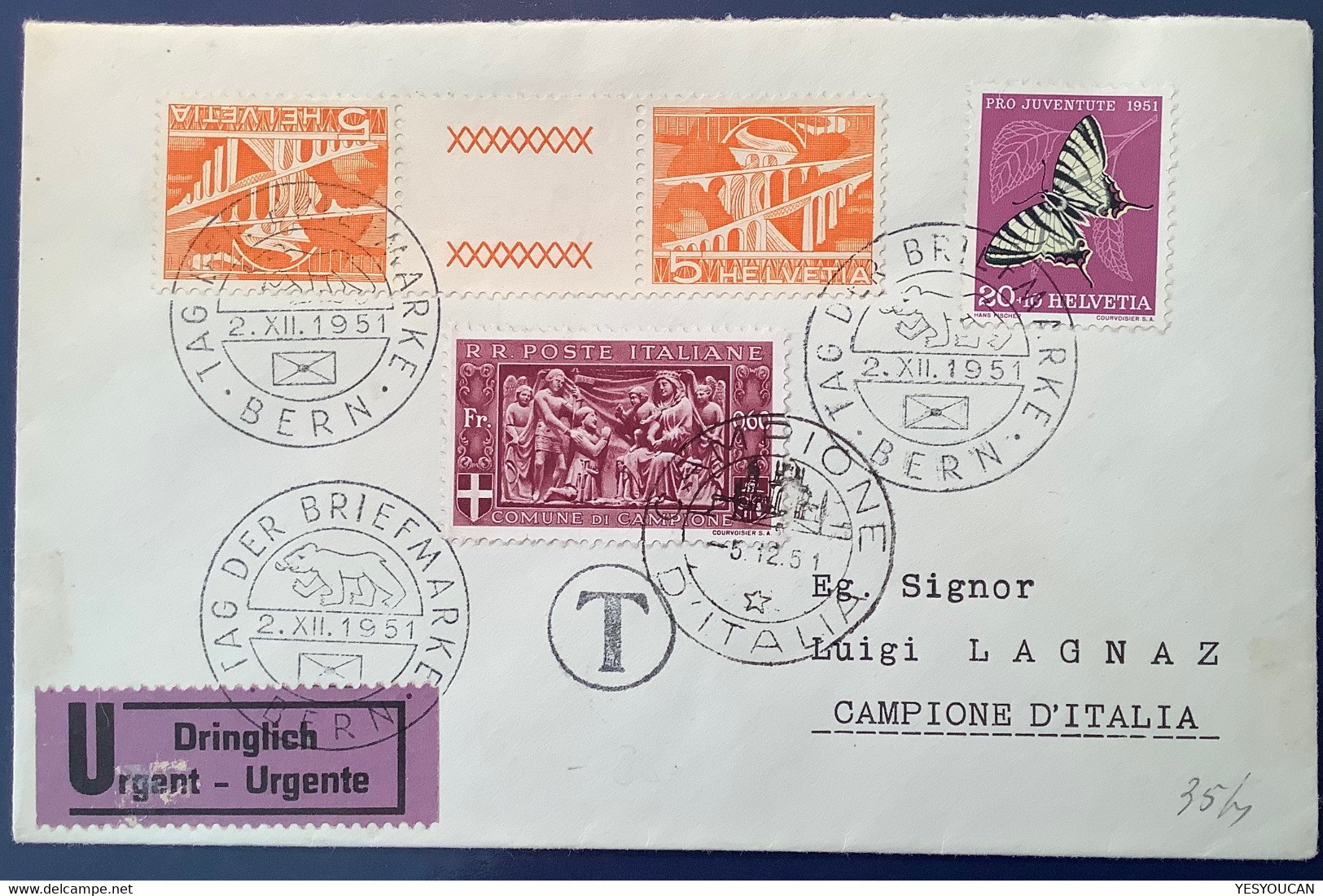 Campione D’ Italia 1944 Segnatasse Lettera(Schweiz Brief Portomarken Postage Due Local Post Cover Art Religion Butterfly - Emissions Locales/autonomes