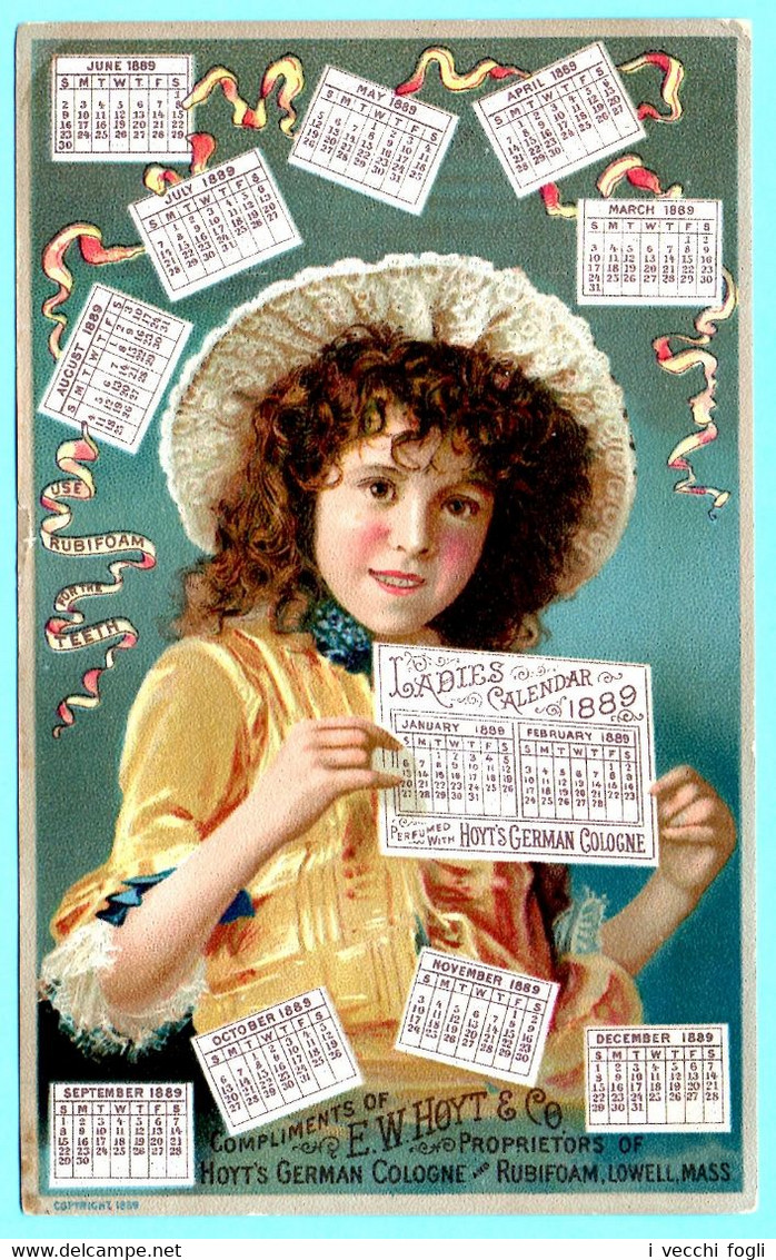 Chromo, Trade Card Hoyt's German Cologne. Calendrier, Calendar 1889. Girl Smiling. - Small : ...-1900