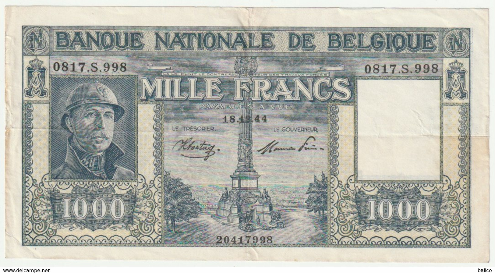 Banque Nationale De Belgique - Mille Francs 18/12/44 - N° 0817.S.998 - 1000 Francs  (très Rare) 20417998 - [ 9] Collections