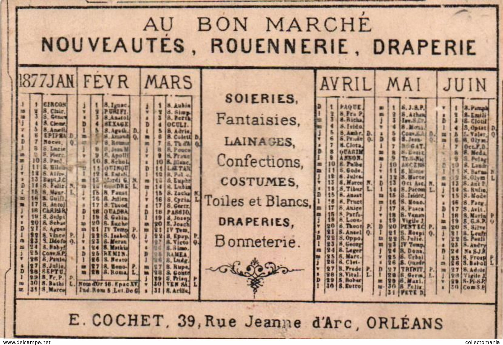 3 Chromos Au Bon Marché  Orléans Calendriers  1877 Le Petit Faust  Abeilard La Périchole, Presse Manuele Lithograhique - Kleinformat : ...-1900