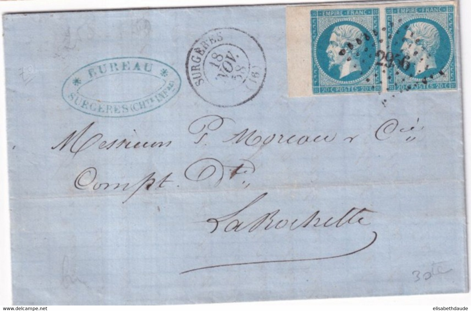 1858 - SUPERBE PAIRE 20c EMPIRE BORD DE FEUILLE ! Sur LETTRE COMPLETE De SURGERES (CHARENTE INFERIEURE) PC 2956 - 1853-1860 Napoleon III