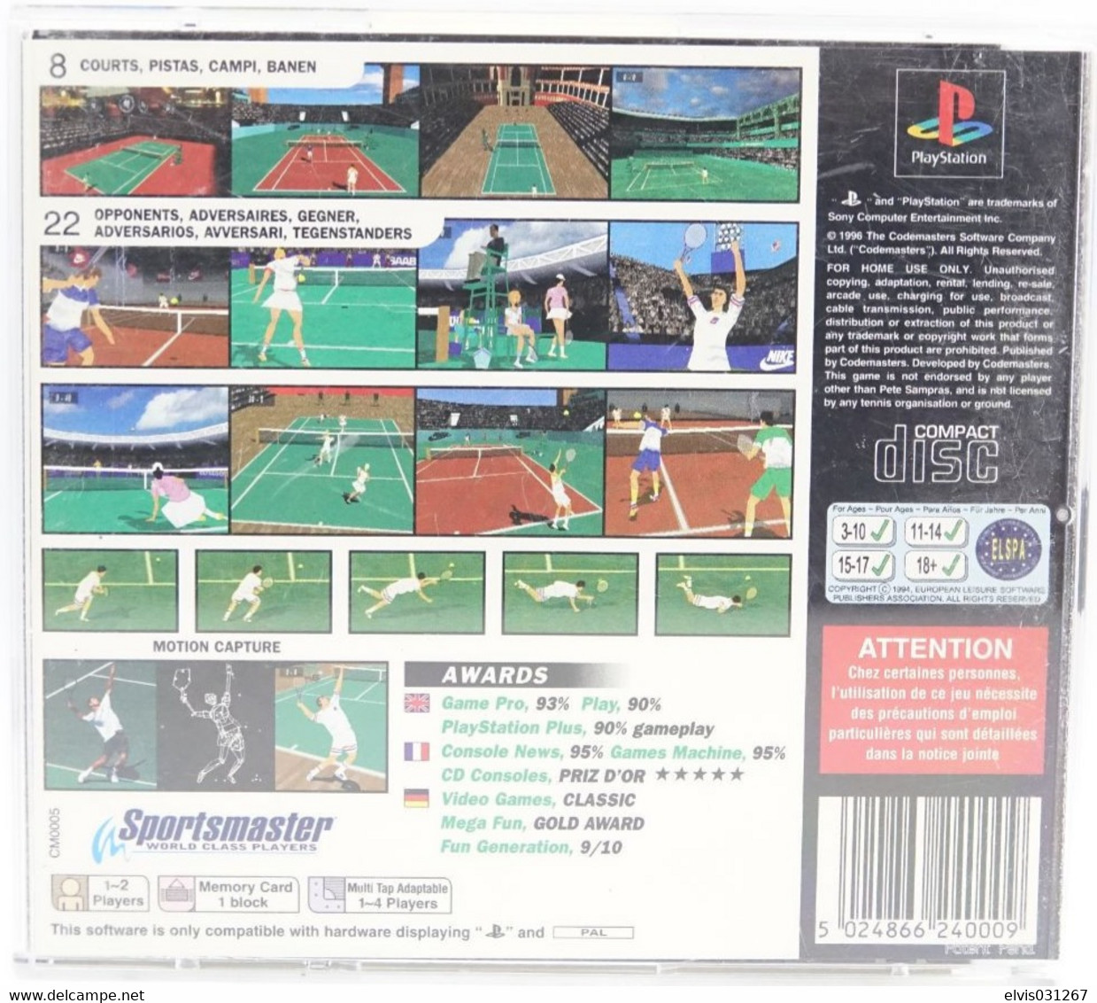 SONY PLAYSTATION ONE PS1 : SAMPRAS EXTREME TENNIS - Playstation