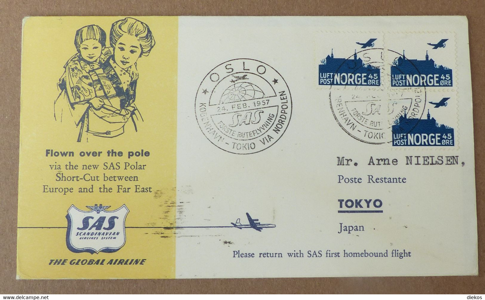 Norge SAS Oslo To Tokyo 1957  Airplane       #cover5504 - Lettres & Documents