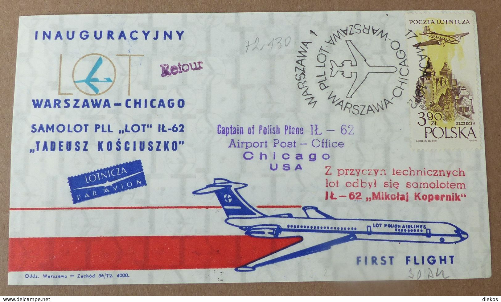 Polen Luftpost Lotnicza   Airplane  Warschau  Chicago 1972     #cover5509 - Flugzeuge