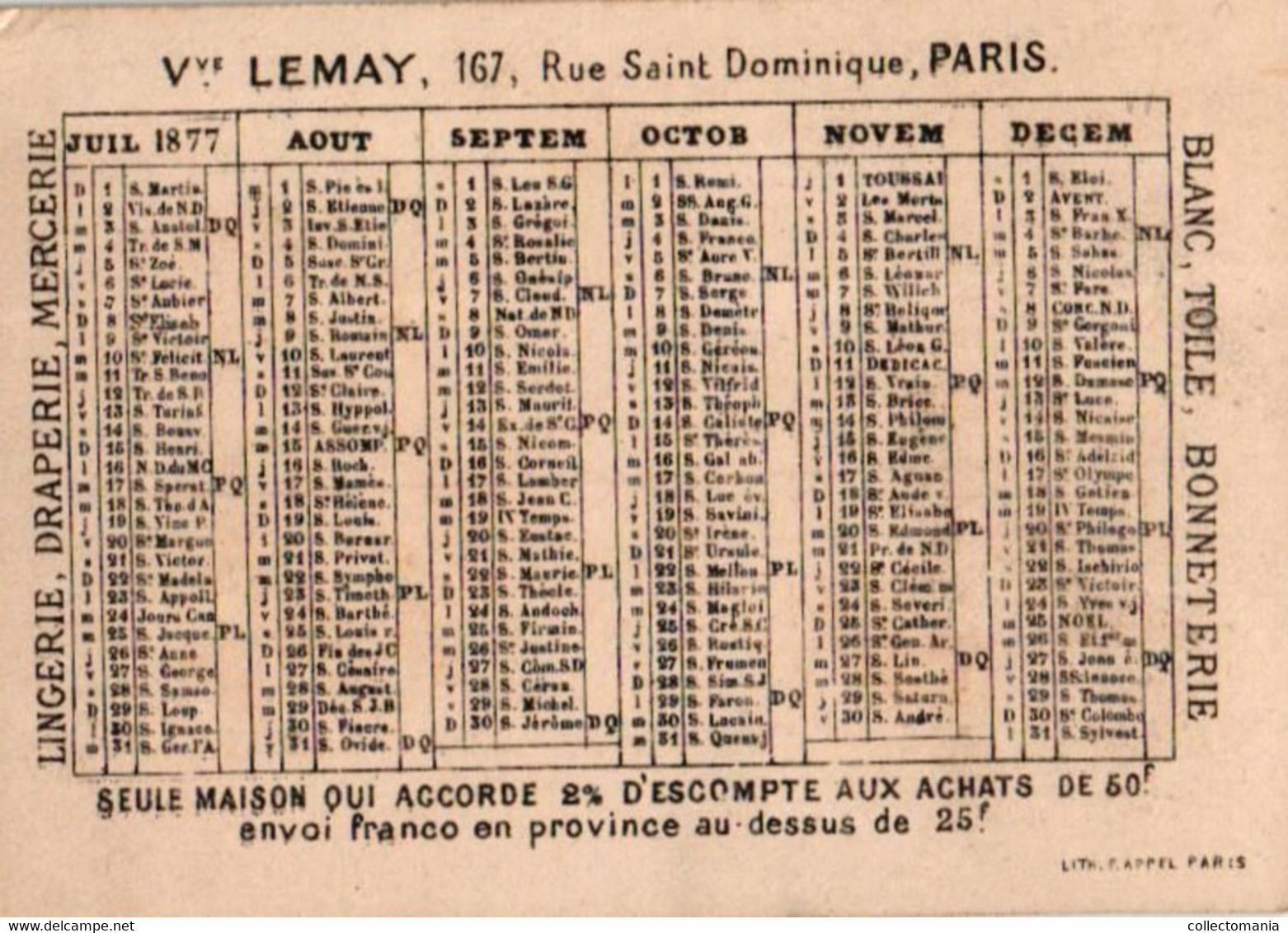 2 Hromos  Calendrier Kalender 1877 -  Vve Lemay Paris  Litho APPEL 3-1-30- Voleur, Diefstal , Zakkenroller, Tulband - Petit Format : ...-1900