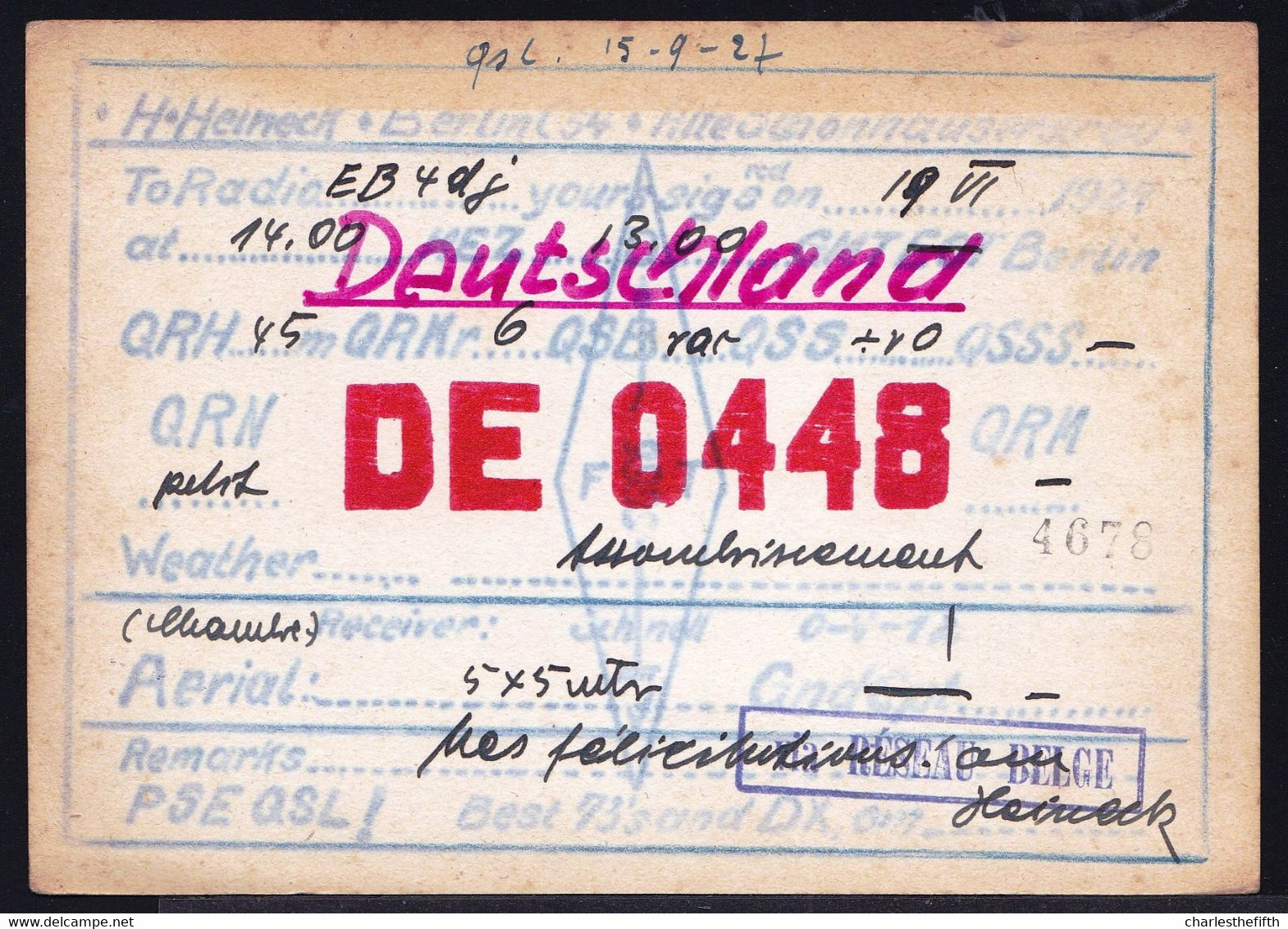 BERLIN 1927 DEUTSCHE KURZWELLEN EMPFANGSSTATION - SHORT WAVE - AMATEUR RADIO STATION  VIA D.f.t.v.   DE0448 RESEAU BELGE - Andere & Zonder Classificatie
