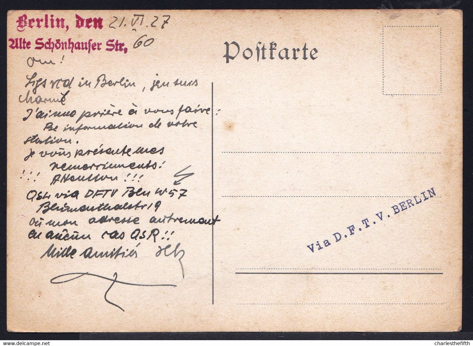 BERLIN 1927 DEUTSCHE KURZWELLEN EMPFANGSSTATION - SHORT WAVE - AMATEUR RADIO STATION  VIA D.f.t.v.   DE0448 RESEAU BELGE - Autres & Non Classés