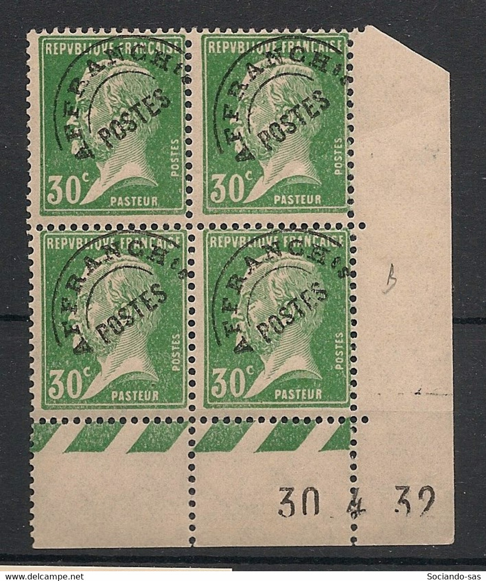 FRANCE - 1932 - Préo N°Yv. 66 - Pasteur - Bloc De 4 Coin Daté - Neuf Luxe ** / MNH / Postfrisch - Voorafgestempeld